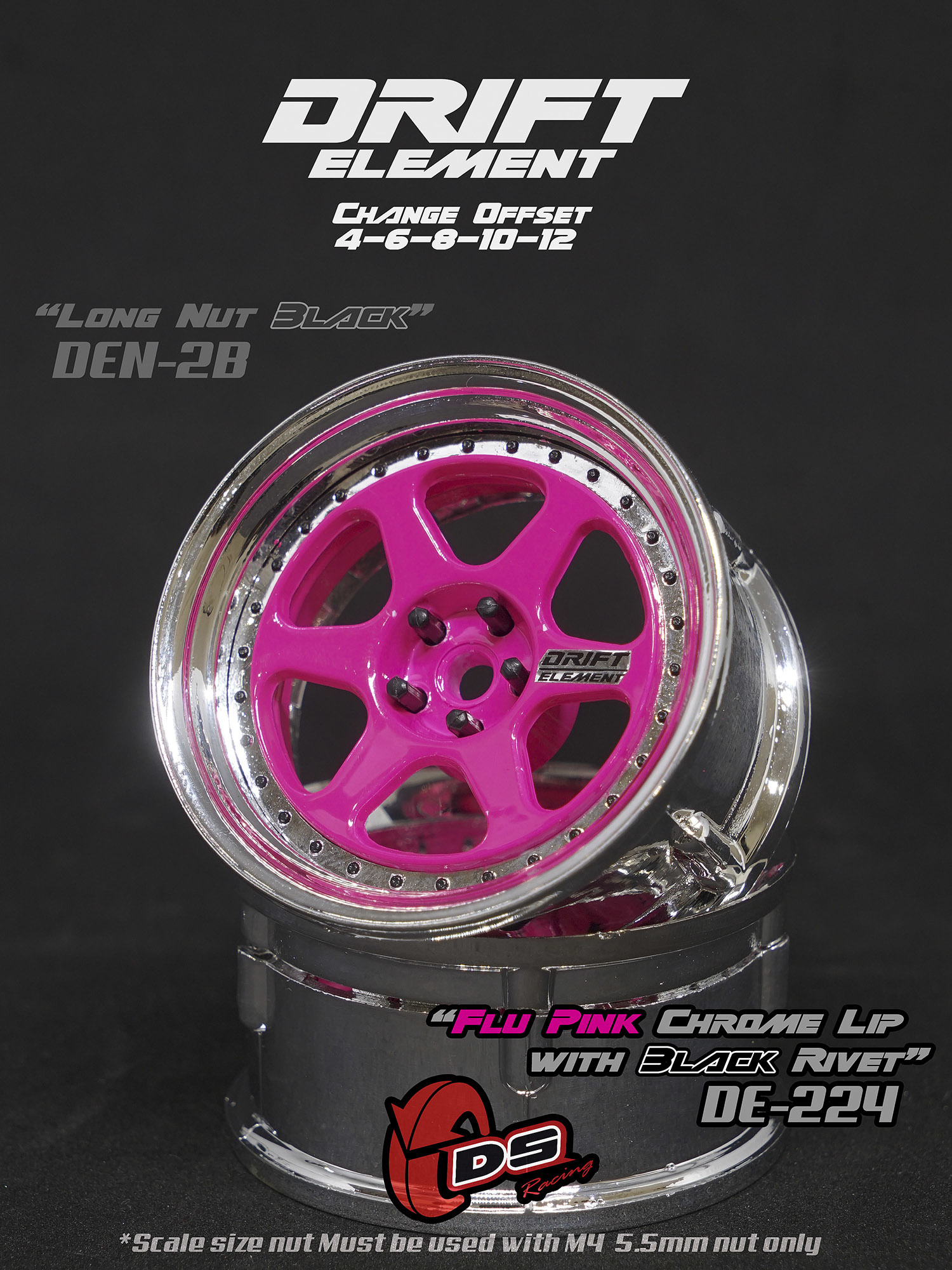DE 6 Spoke Wheel Set - Flu Pink/Chrome Lip w/ Black Rivets DE 6 Spoke Wheel Set - Flu Pink/Chrome Lip w/ Black Rivets