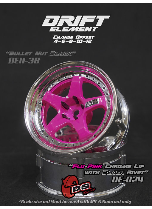 DS Racing DE 5 Spoke Wheel (2) / Pink / Chrome Lip / Black Rivets