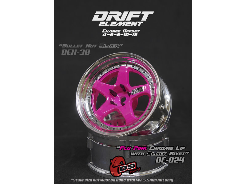 DS Racing Drift Element 5 Spoke Wheel Adj. Offset (2pcs) / Pink Face / Chrome Lip with Black Rivets