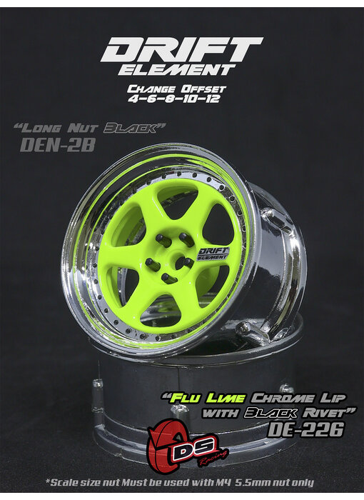 DS Racing DE 6 Spoke Wheel (2) / Flu Lime / Chrome Lip / Black Rivets