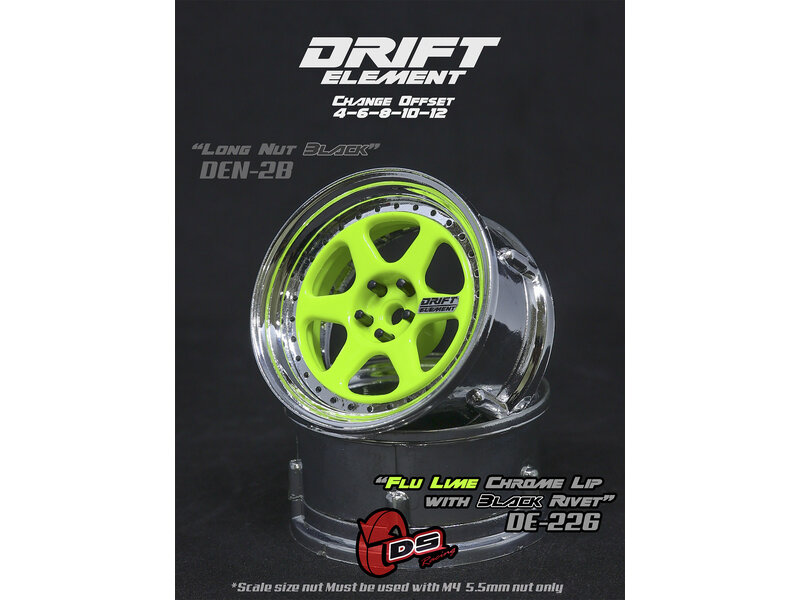 DS Racing Drift Element 6 Spoke Wheel Adj. Offset (2pcs) / Flu Lime Face / Chrome Lip with Black Rivets
