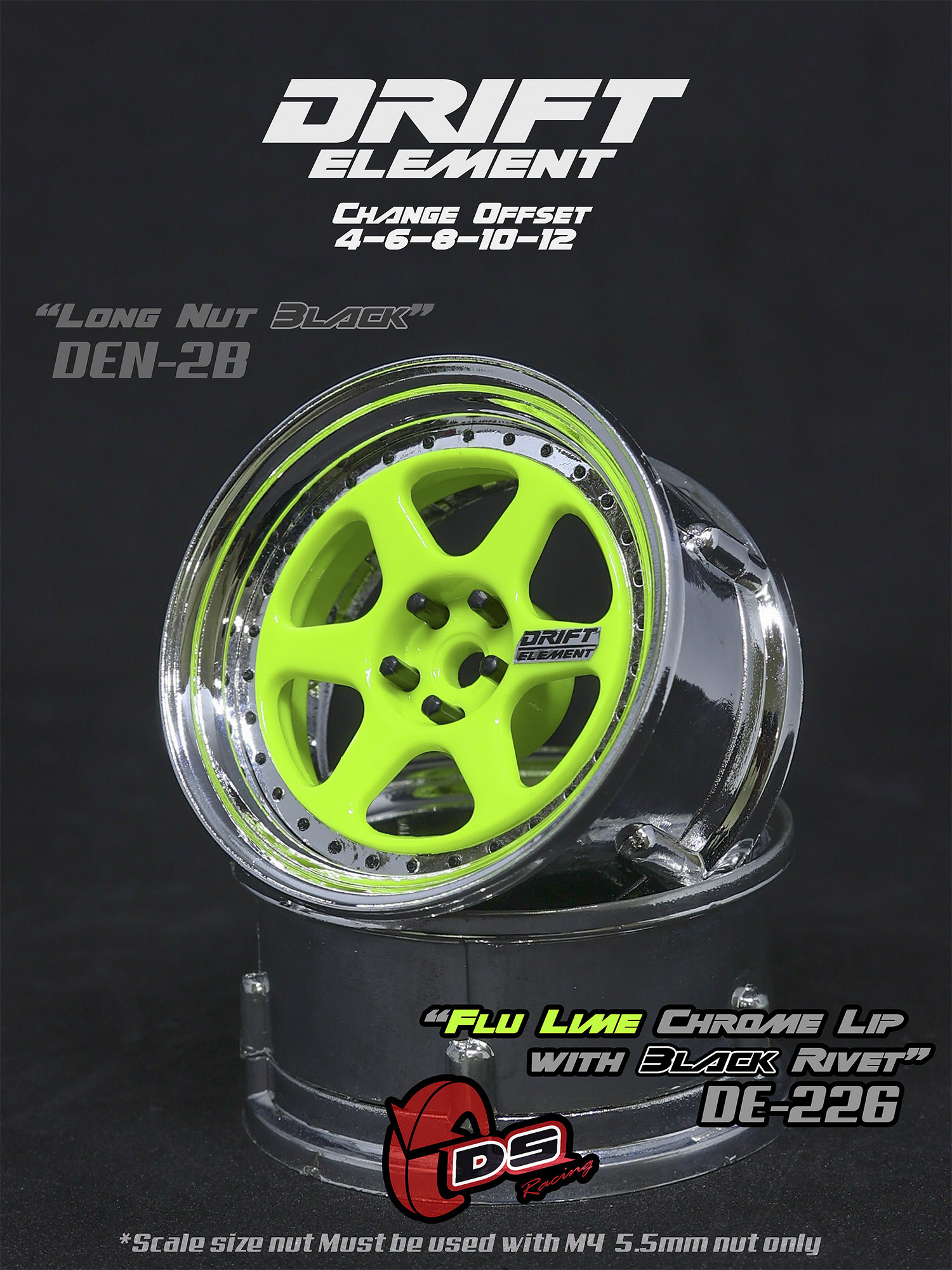 DE 6 Spoke Wheel Set - Flu Lime/Chrome Lip DE 6 Spoke Wheel Set - Flu Lime/Chrome Lip