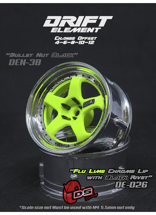 DS Racing DE 5 Spoke Wheel (2) / Flu Lime / Chrome Lip / Black Rivets