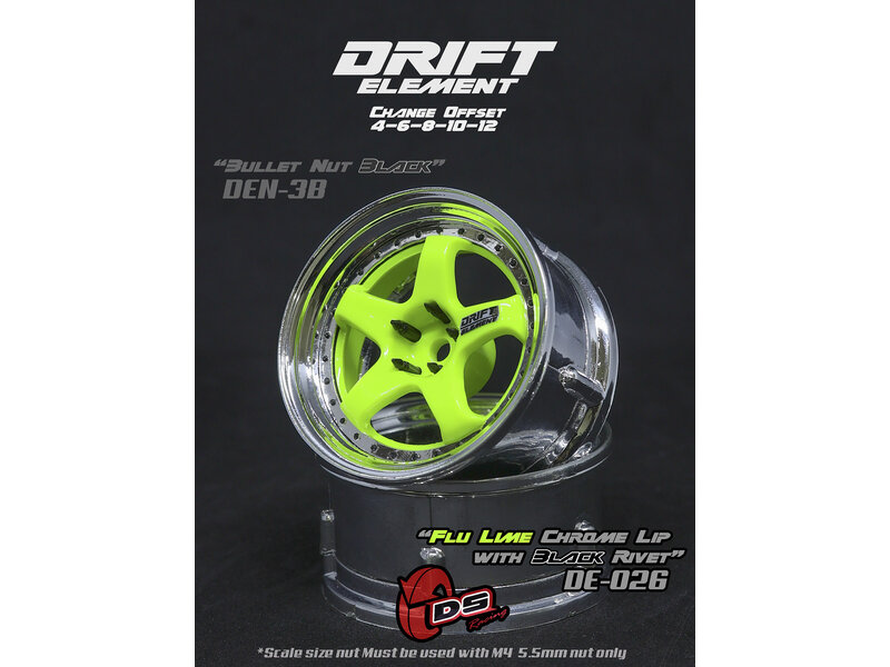 DS Racing Drift Element 5 Spoke Wheel Adj. Offset (2pcs) / Flu Lime Face / Chrome Lip with Black Rivets