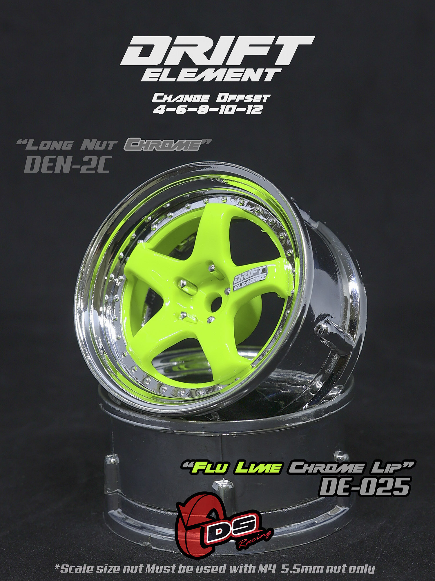 DE 5 Spoke Wheel Set - Flu Lime/Chrome Lip DE 5 Spoke Wheel Set - Flu Lime/Chrome Lip