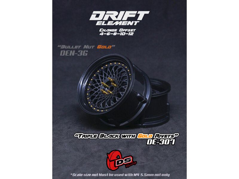 DS Racing Drift Element Mesh Wheel Adj. Offset (2pcs) / Triple Black with Gold Rivets