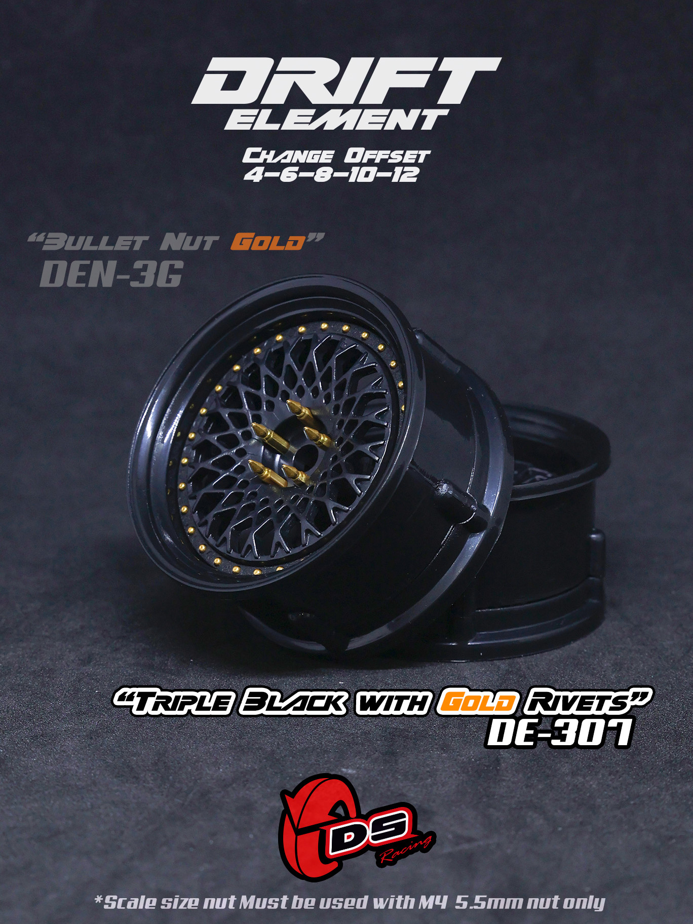 DE Mesh Wheel Set - Triple Black w/ Gold Rivets DE Mesh Wheel Set - Triple Black w/ Gold Rivets