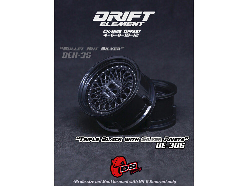 DS Racing Drift Element Mesh Wheel Adj. Offset (2pcs) / Triple Black with Silver Rivets