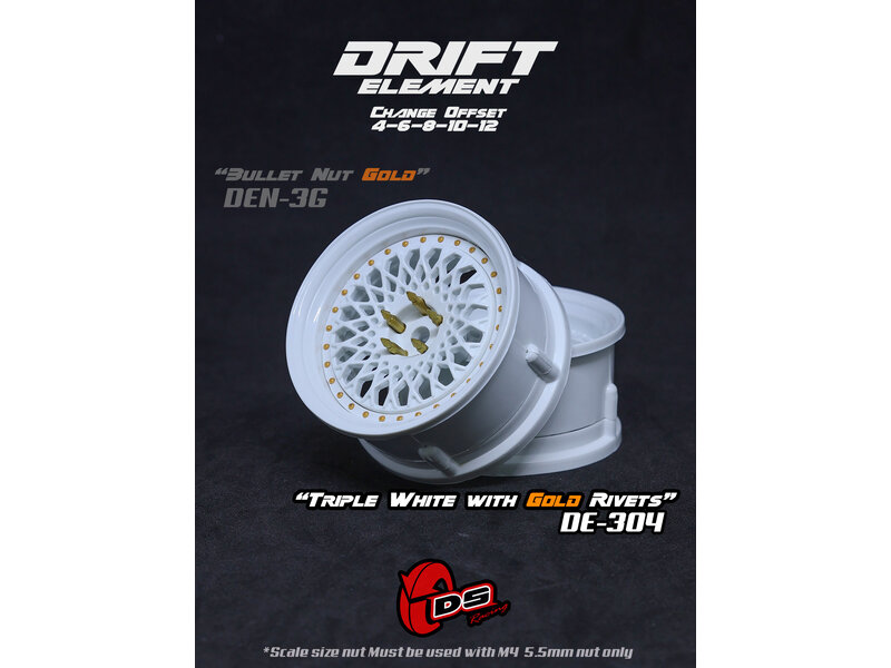 DS Racing Drift Element Mesh Wheel Adj. Offset (2pcs) / Triple White with Gold Rivets