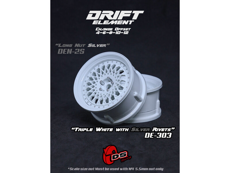 DS Racing Drift Element Mesh Wheel Adj. Offset (2pcs) / Triple White with Silver Rivets