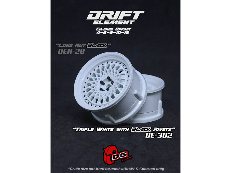 DS Racing Drift Element Mesh Wheel Adj. Offset (2pcs) / Triple White with Black Rivets