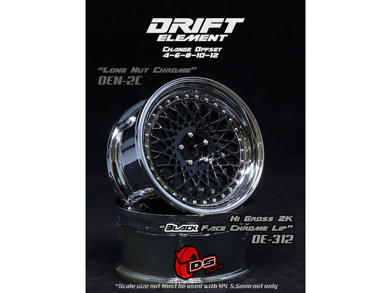 DS Racing Drift Element Mesh Wheel Adj. Offset (2pcs) / Hi Gloss 2K Black Face / Chrome Lip