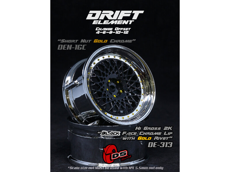 DS Racing Drift Element Mesh Wheel Adj. Offset (2pcs) / Hi Gloss 2K Black Face / Chrome Lip with Gold Rivets