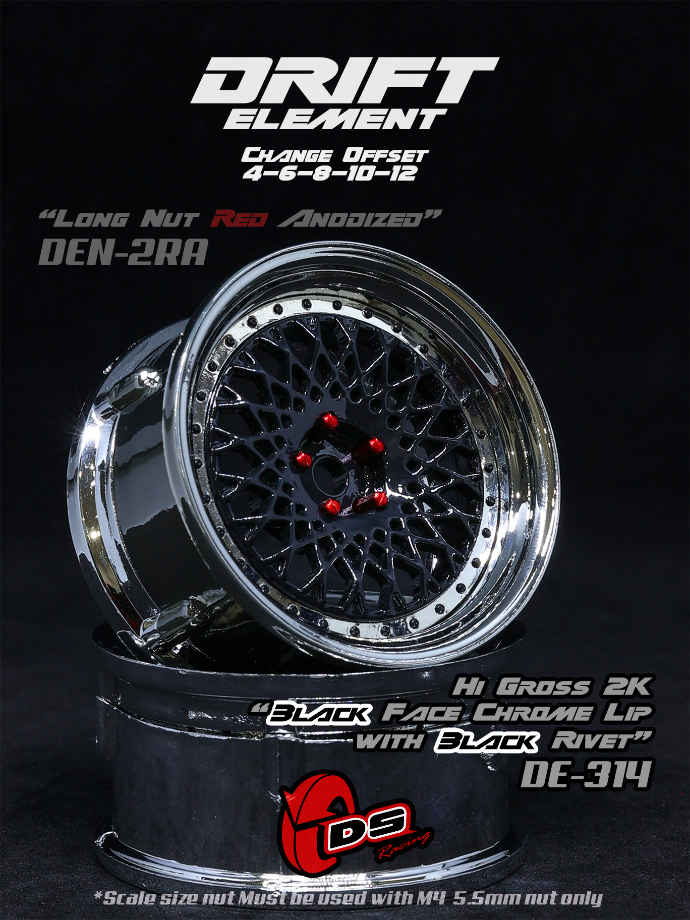 DE 6 Spoke Wheel Set - Hi Gloss 2K Black/Chrome w/ Black Rivets DE 6 Spoke Wheel Set - Hi Gloss 2K Black/Chrome w/ Black Rivets