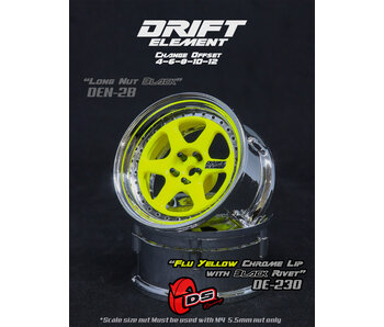 DS Racing DE 6 Spoke Wheel (2) / Flu Yellow / Chrome Lip / Black Rivets