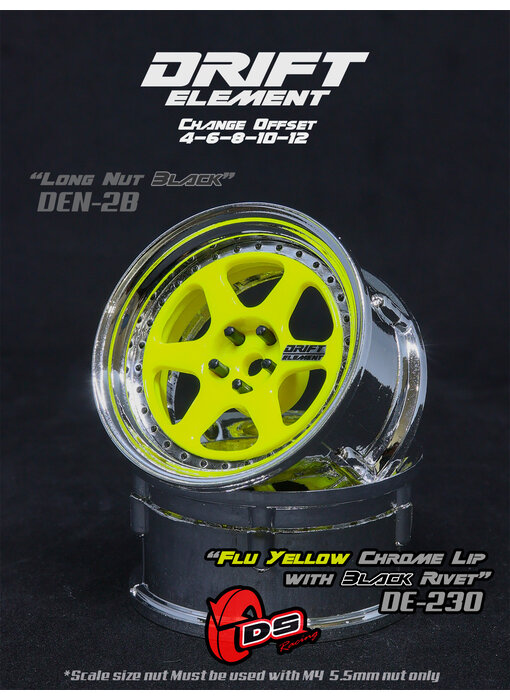 DS Racing DE 6 Spoke Wheel (2) / Flu Yellow / Chrome Lip / Black Rivets