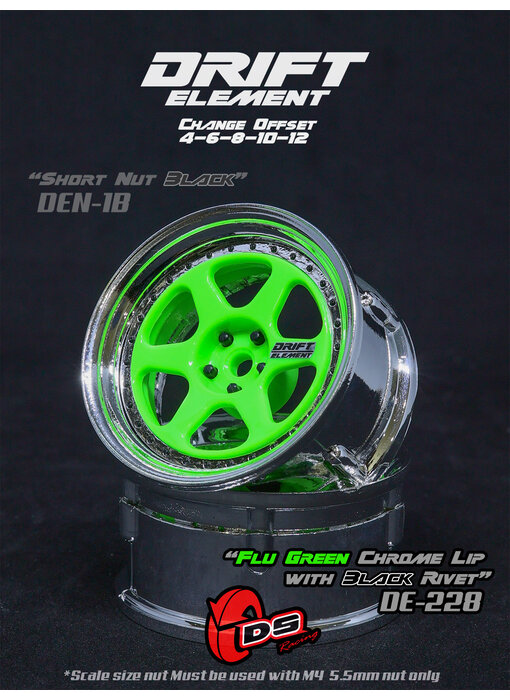 DS Racing DE 6 Spoke Wheel (2) / Flu Green / Chrome Lip / Black Rivets