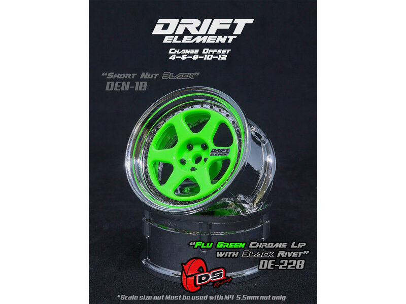 DS Racing Drift Element 6 Spoke Wheel Adj. Offset (2pcs) / Flu Green Face / Chrome Lip with Black Rivets