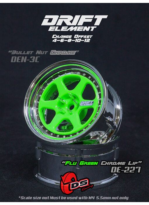 DS Racing DE 6 Spoke Wheel (2) / Flu Green / Chrome Lip