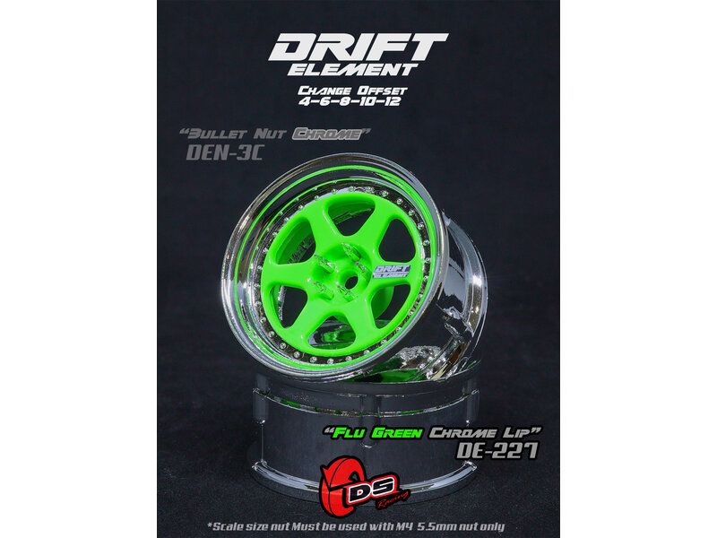 DS Racing Drift Element 6 Spoke Wheel Adj. Offset (2pcs) / Flu Green Face / Chrome Lip