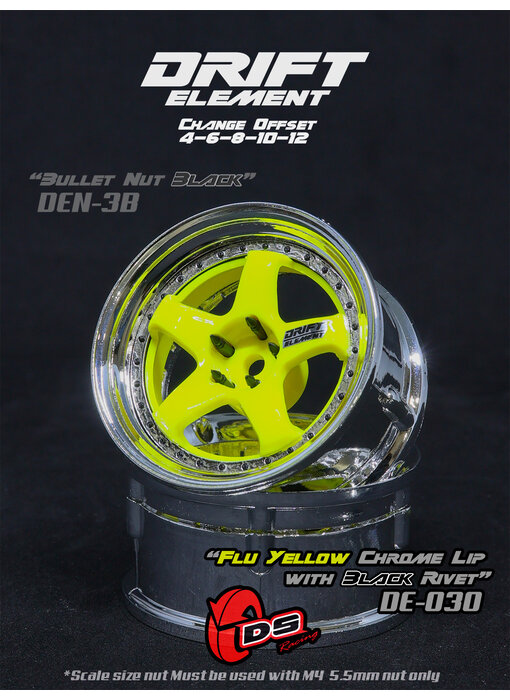 DS Racing DE 5 Spoke Wheel (2) / Flu Yellow / Chrome Lip / Black Rivets