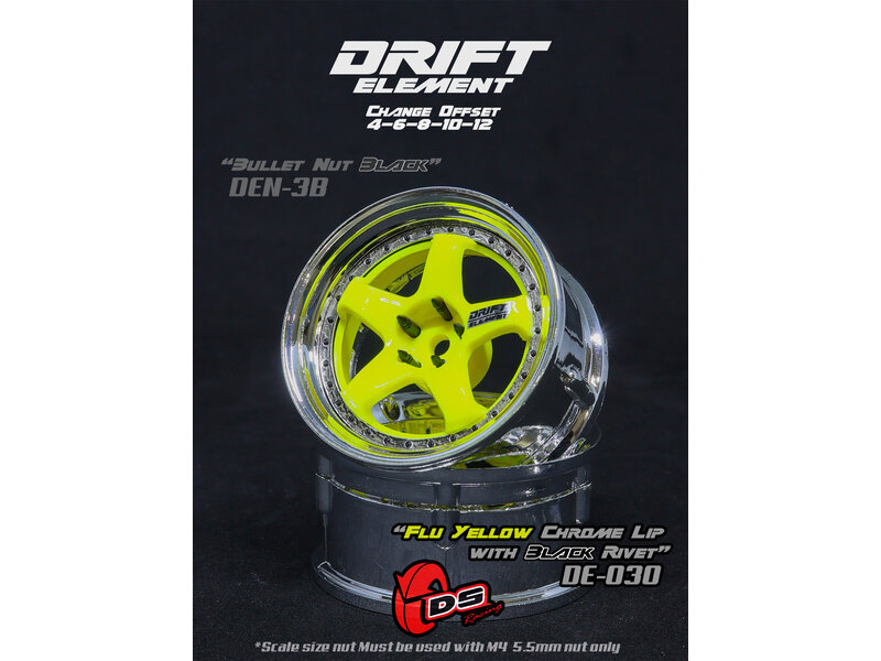 DS Racing Drift Element 5 Spoke Wheel Adj. Offset (2pcs) / Flu Yellow Face / Chrome Lip with Black Rivets