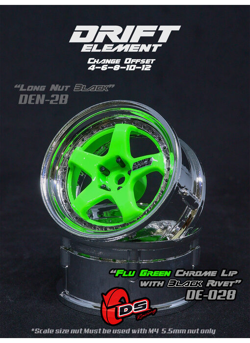 DS Racing DE 5 Spoke Wheel (2) / Flu Green / Chrome Lip / Black Rivets