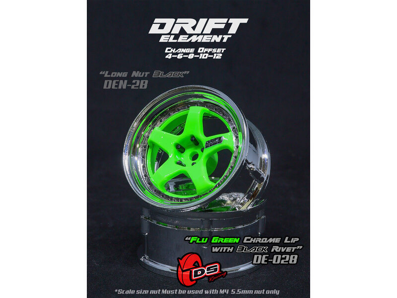 DS Racing Drift Element 5 Spoke Wheel Adj. Offset (2pcs) / Flu Green Face / Chrome Lip with Black Rivets