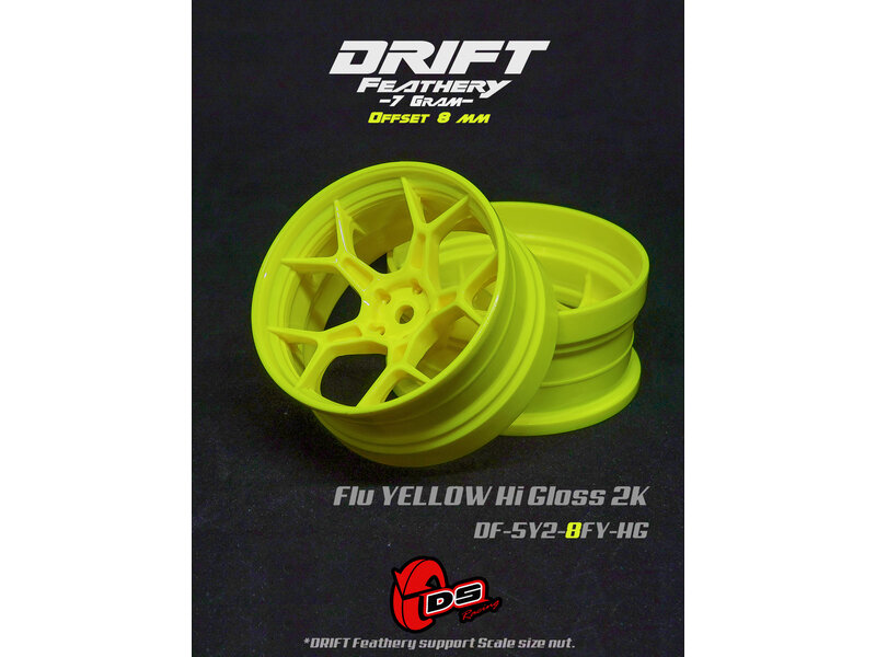 DS Racing Drift Feathery 5Y Spoke Wheel (2pcs) / Flu Yellow Hi Gloss 2K / +8mm offset