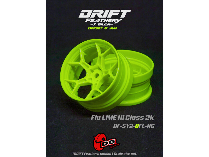 DS Racing Drift Feathery 5Y Spoke Wheel (2pcs) / Flu Lime Hi Gloss 2K / +8mm offset