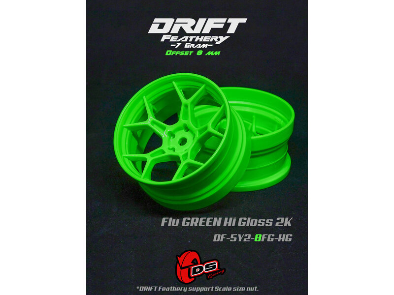 DS Racing Drift Feathery 5Y Spoke Wheel (2pcs) / Flu Green Hi Gloss 2K / +8mm offset