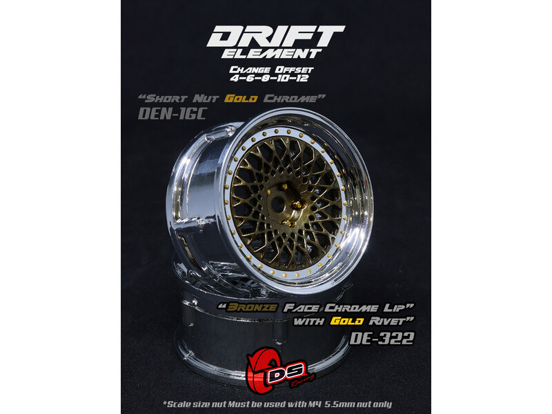 DS Racing Drift Element Mesh Wheel Adj. Offset (2pcs) / Bronze Face / Chrome Lip with Gold Rivets