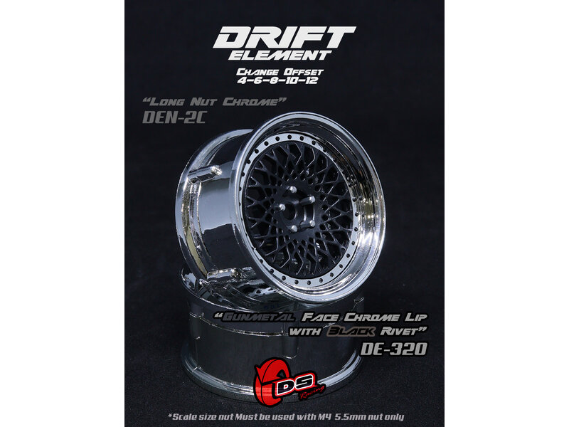 DS Racing Drift Element Mesh Wheel Adj. Offset (2pcs) / Gunmetal Face / Chrome Lip with Black Rivets