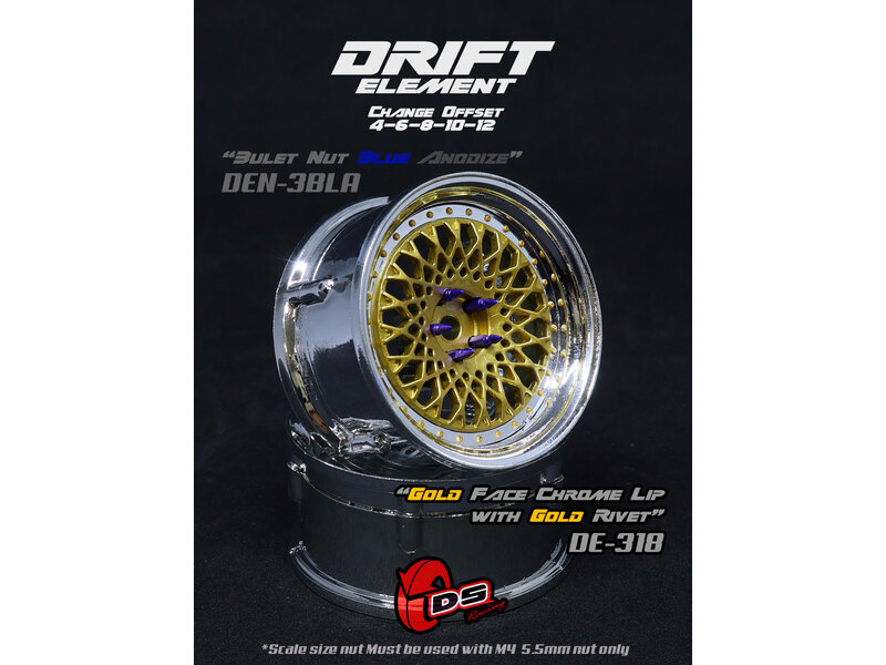 DS Racing Drift Element Mesh Wheel Adj. Offset (2pcs) / Gold Face / Chrome Lip with Gold Rivets