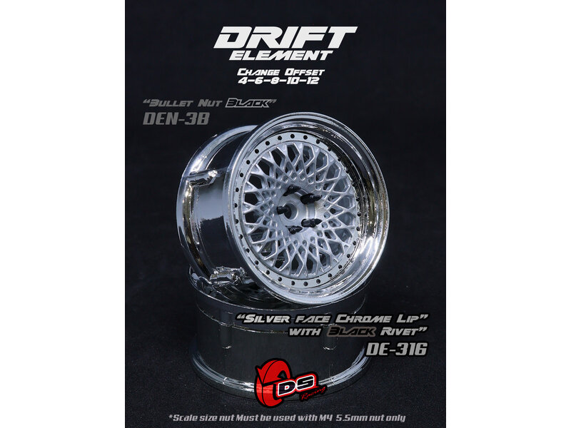 DS Racing Drift Element Mesh Wheel Adj. Offset (2pcs) / Silver Face / Chrome Lip with Black Rivets