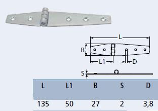RVS Scharnier 135 x 27 x 2 mm