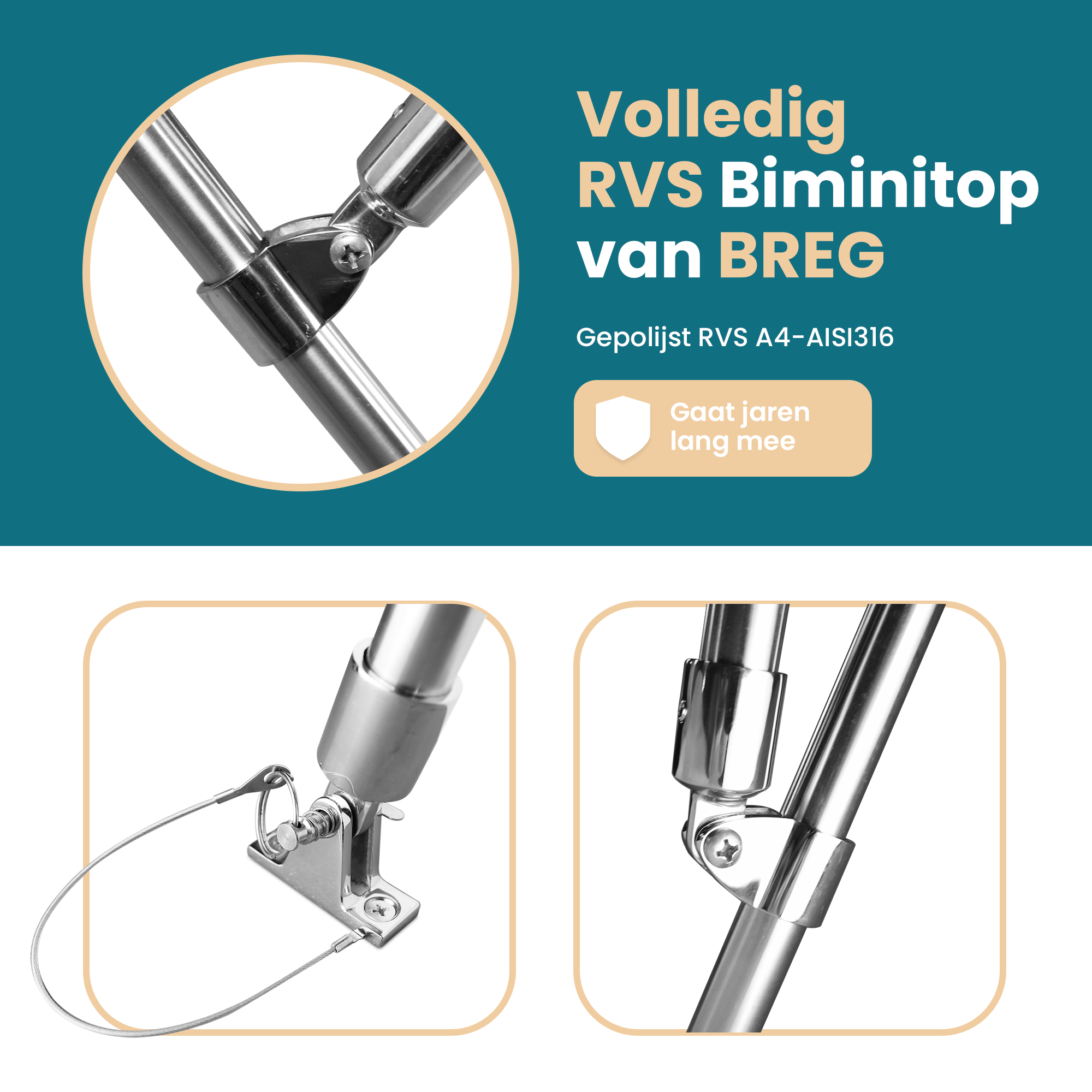 RVS 4-boogs biminitop - Breedte 215 <> 228 cm - Hoogte 137 cm