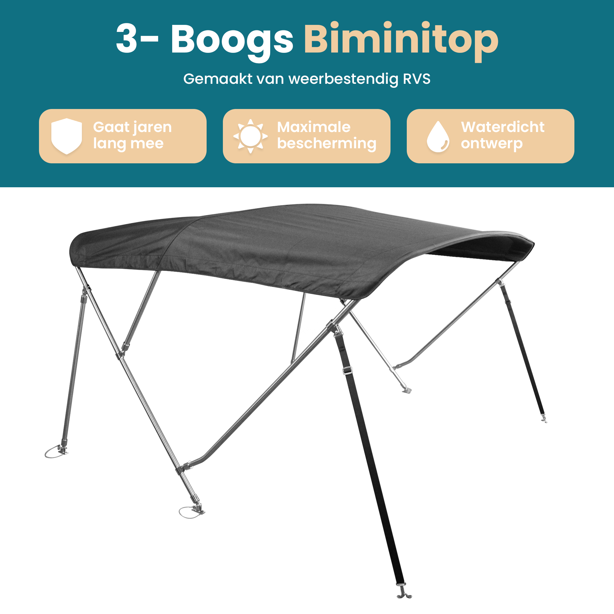 RVS 3-boogs biminitop - Breedte 185 <> 198 cm - Hoogte 117 cm