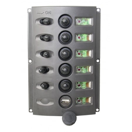 Schakelpaneel met 5 tuimelschakelaars en 5 stroomonderbrekers en 1 USB oplaadpoort (3x aan-uit 10A en 2x aan-uit 5A)