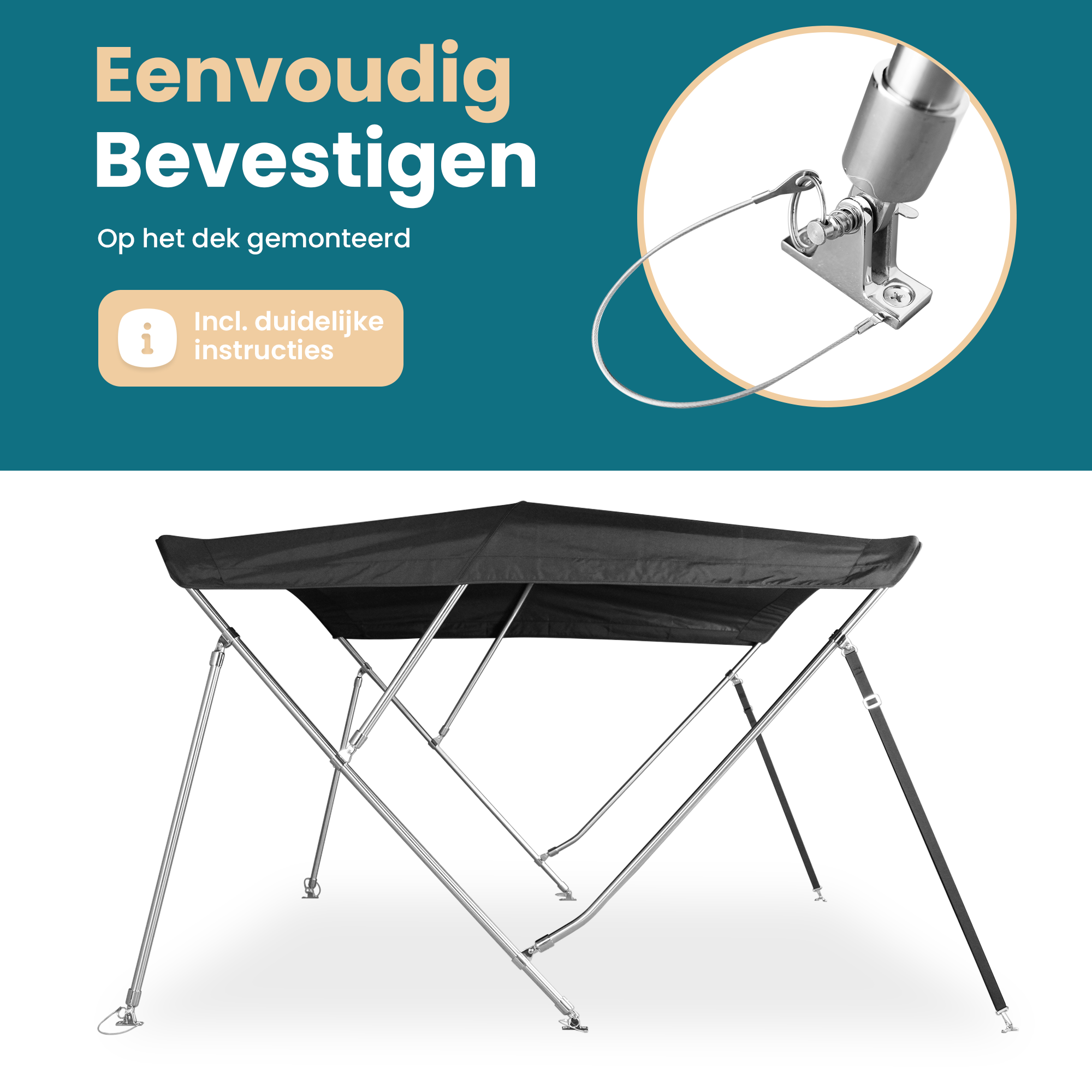 RVS  biminitop - 3-boogs - Breedte 283 <> 300 cm - Hoogte 117 cm