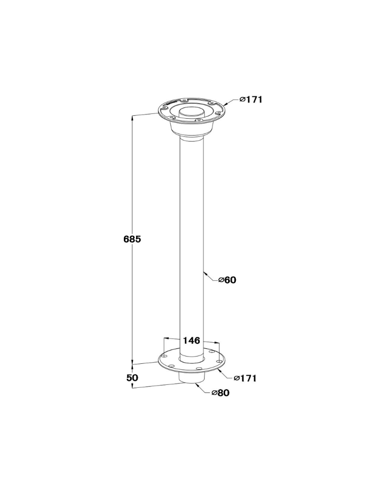 Aluminium tafelpoot inbouw - 68,5 cm - met vloerplaat en tafelbase