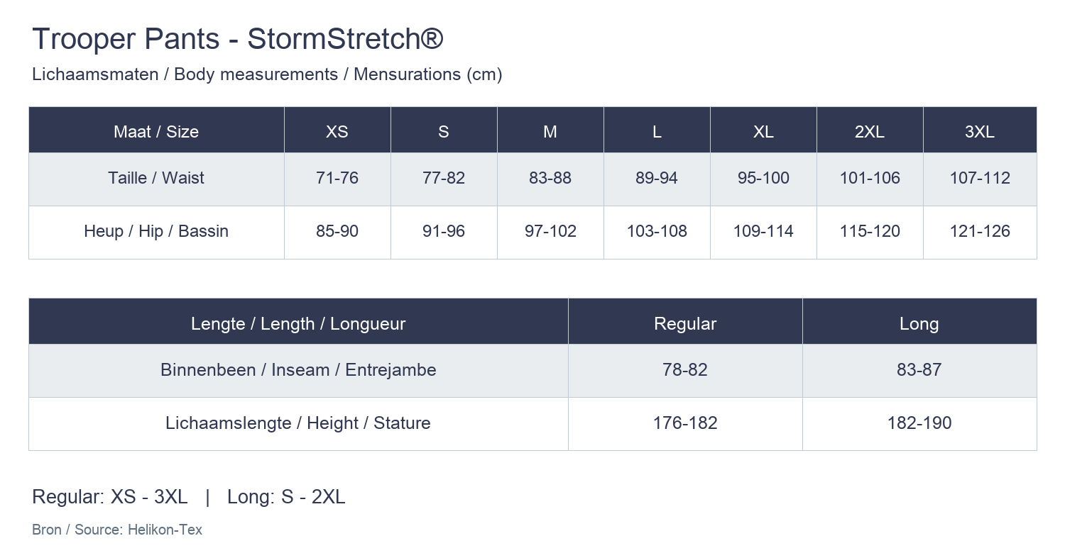Trooper Pants - StormStretch - size guide (cm)