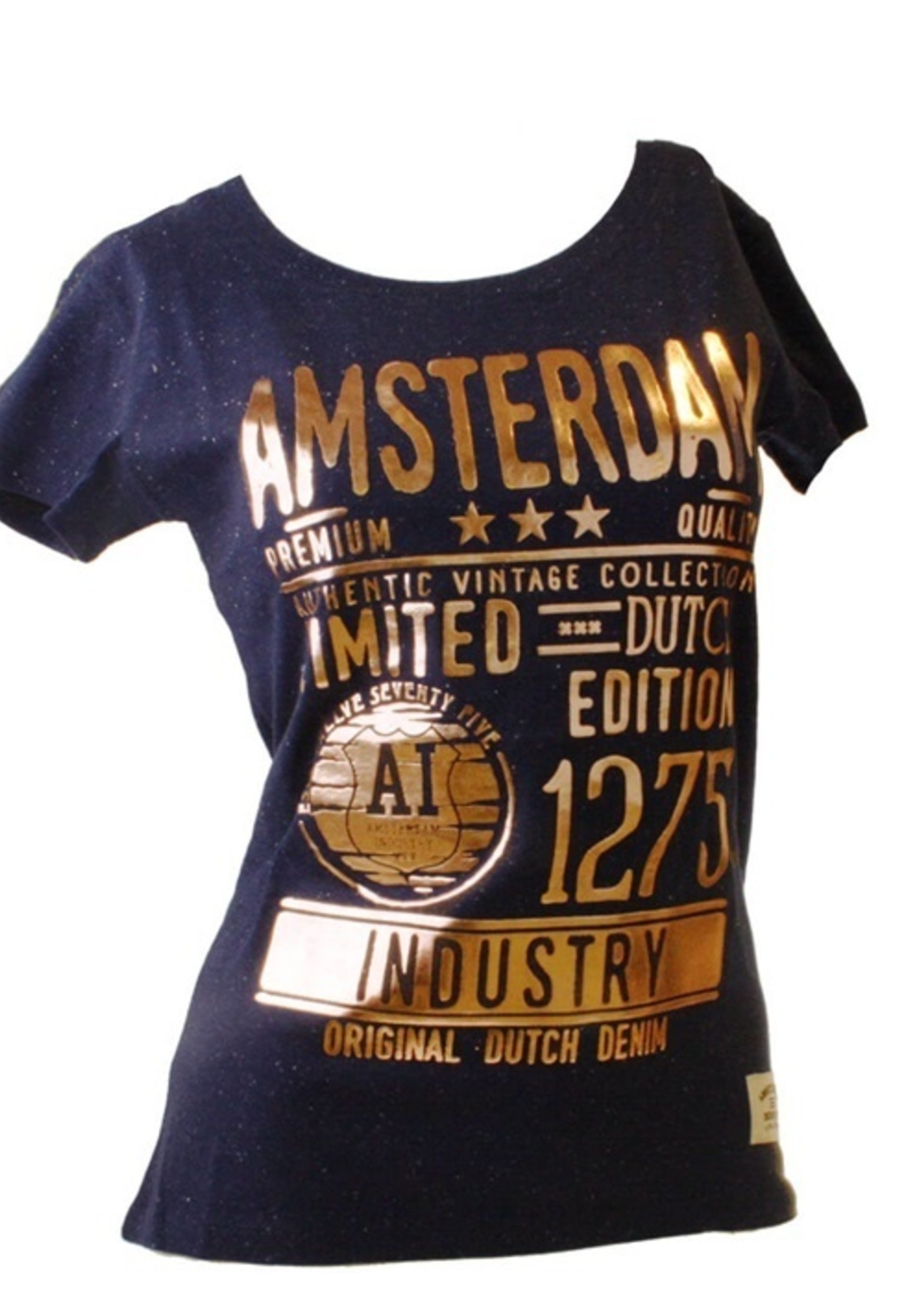 T-shirt Amsterdam tekst Blauw neps/Goud