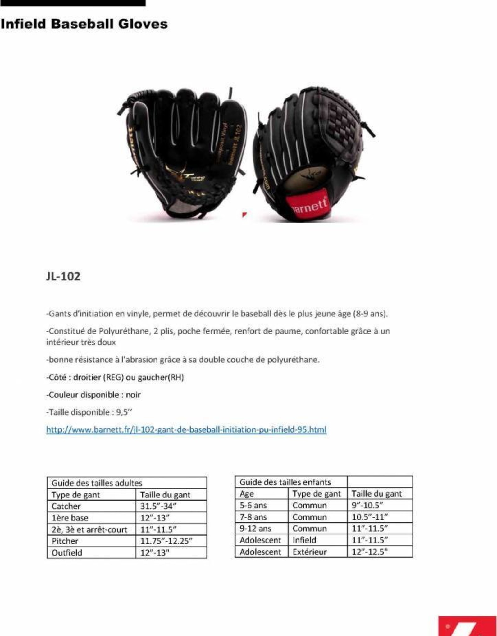 Barnett JL-102 Composite baseball glove, Infield, Size 10,25, Black