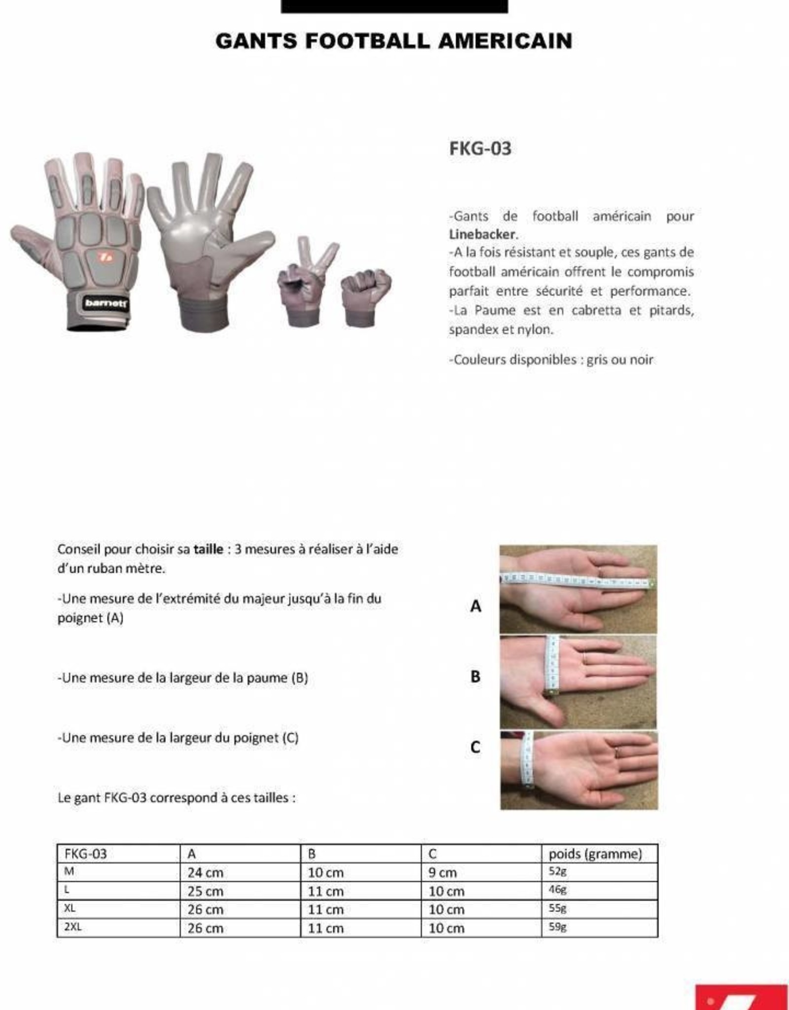 Barnett FKG-03 High level linebacker football gloves, LB,RB,TE, grey