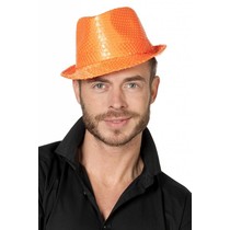 Gangsterhoed pailletten neon oranje