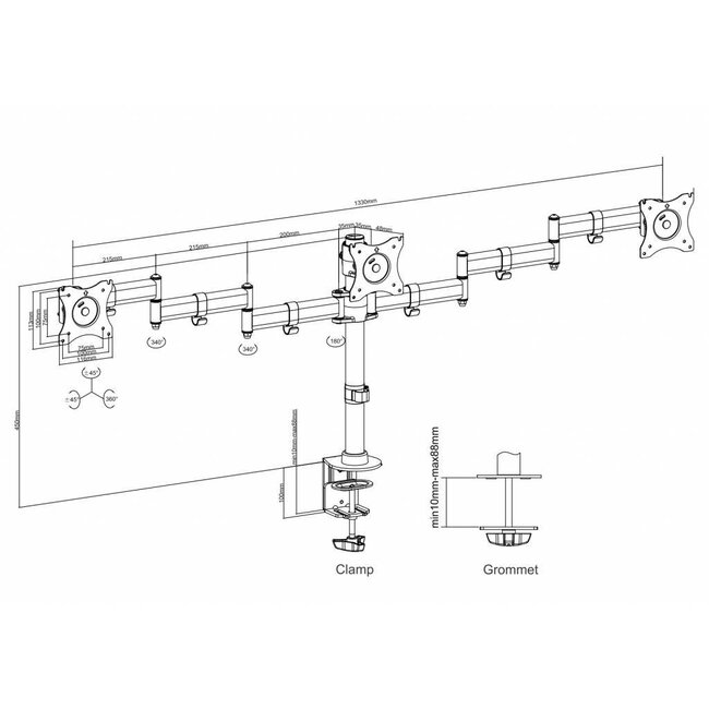 Neomounts NM-D135D3BLACK Triple Monitor Beugel