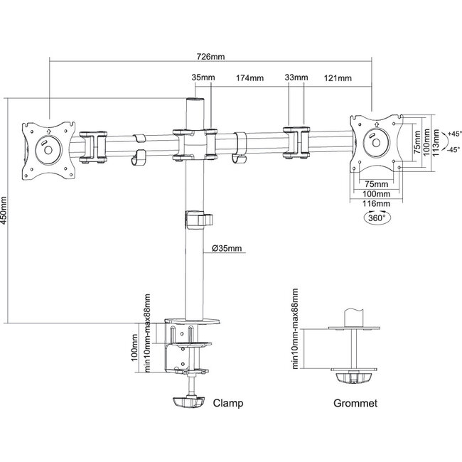 Neomounts NM-D135DSILVER Dubbele Monitor Beugel