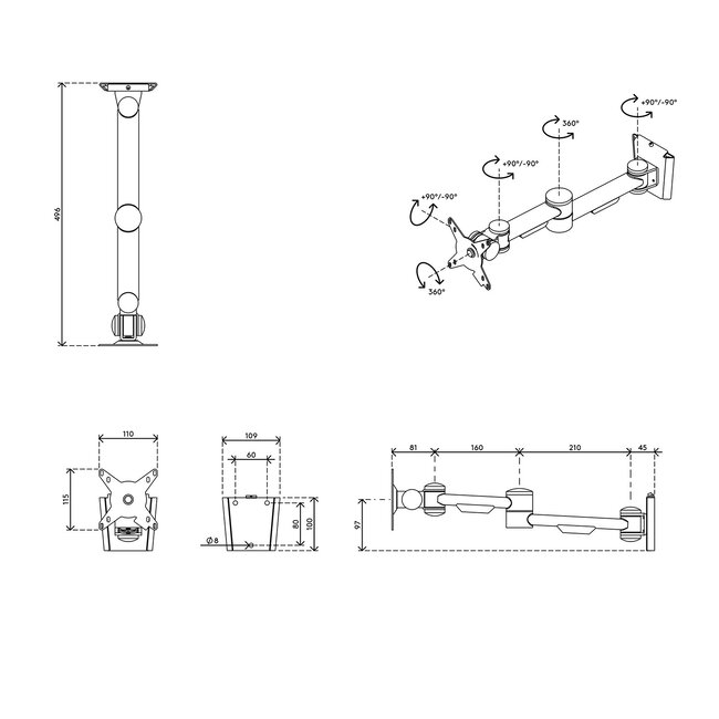 Dataflex Viewmate monitorarm Zilver - wand 042