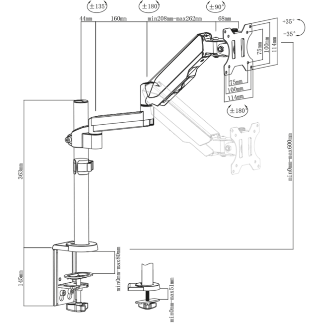 DQ Wall-Support Monitorarm zwart - met Gasveer